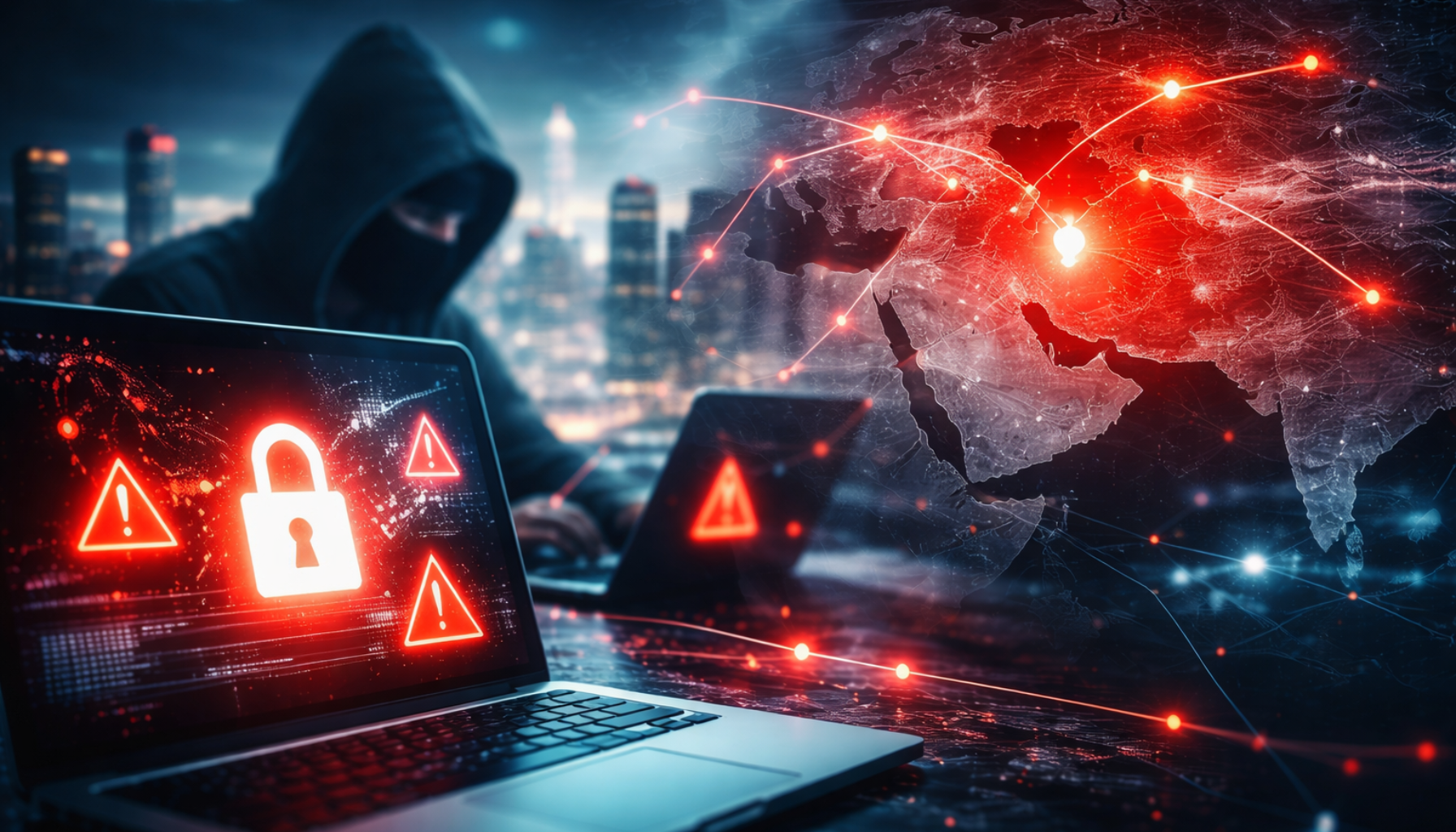 איור סייבר המדגים מתקפות גלובליות על רקע המלחמה באיראן, עם האקר, מחשבים ומפת עולם דיגיטלית, בהקשר איומי סייבר כפי שנותחו על ידי ESET