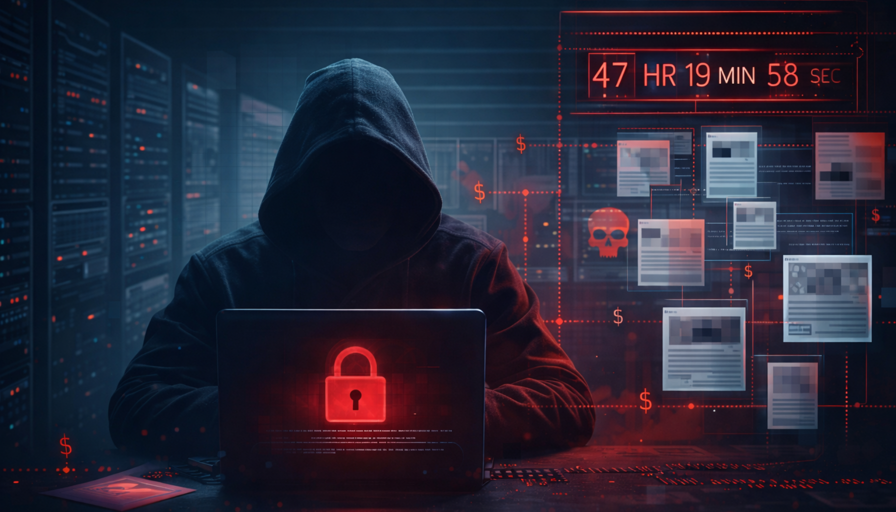 המחשה של מתקפת כופרה עם דליפת מידע, האקר בסביבת שרתים ומסמכים גנובים ברקע
