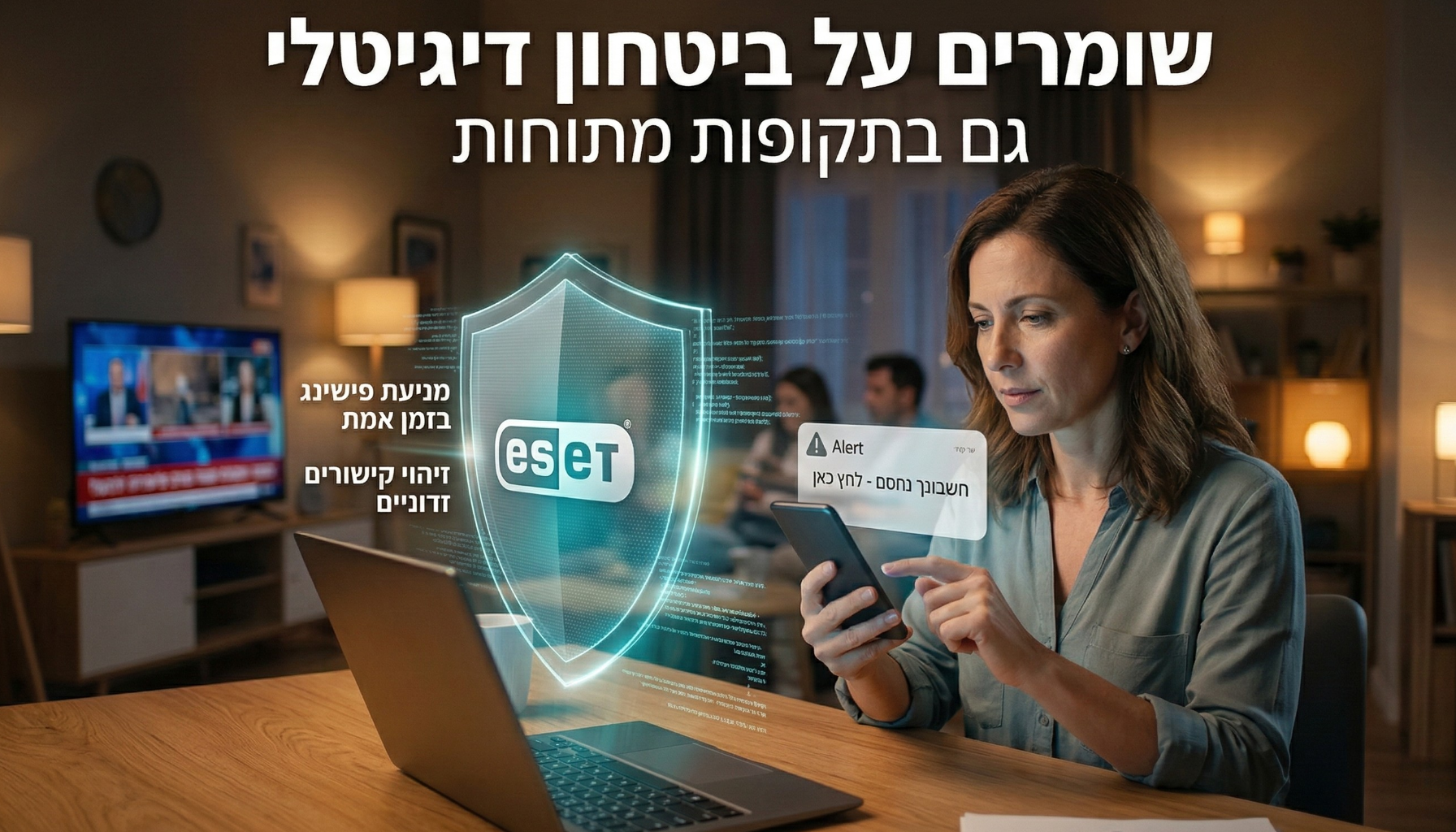 אישה עם סמארטפון ומחשב בסלון, כש- ESETחוסם התראת פישינג ומתקפות זדוניות