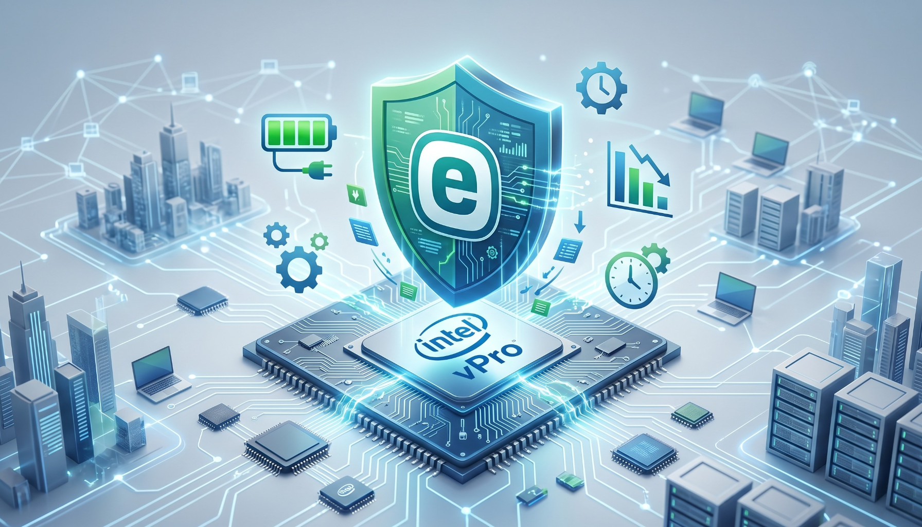 מגן אבטחה דיגיטלי של ESET מעל מעבד Intel vPro המדגים שילוב בין חומרה ותוכנה להגנה מתקדמת וביצועים בארגונים